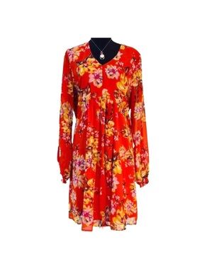 TIME and TRU ~ Red/Gold/Yellow Loose Fit Dress w/ Sheer Sleeves size L